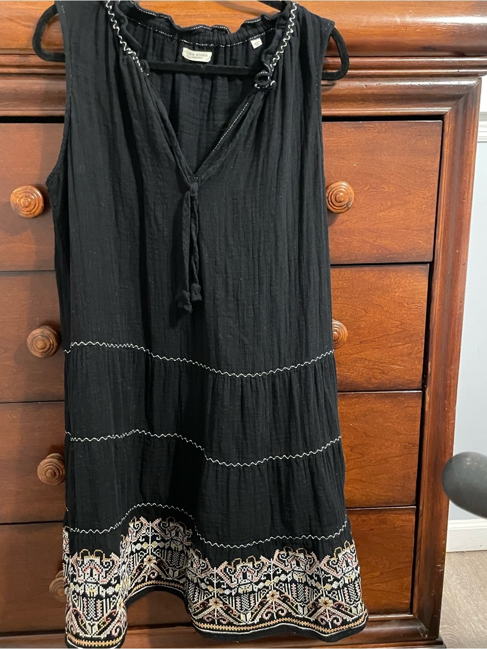 Max Studio black embroidered Aztec tiered tassel sleeveless Aline dress xl gauze